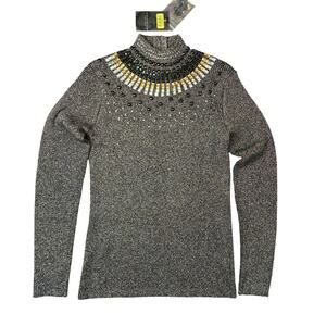 Investments Petites Jeweled Mock Turtle Neck Sweater  Large Petite Black NWT‎
